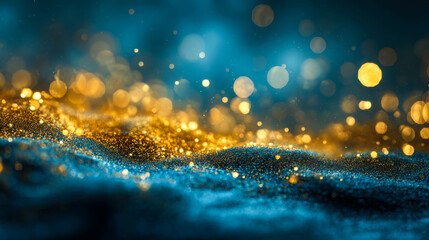 Glittering gold and blue bokeh with sparkling particles on a textured surface