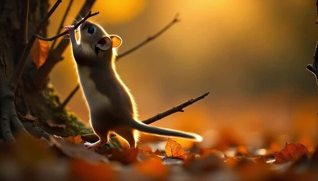 Dormouse jumping between twigs and leaves