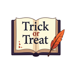 Decorative open book with "Trick or Treat" text and a quill pen for Halloween-themed design
