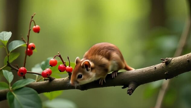 Dormouse walking cautiously along tree branches