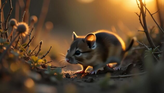 Dormouse running quickly through dense underbrush