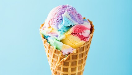 Rainbow ice cream in a waffle cone