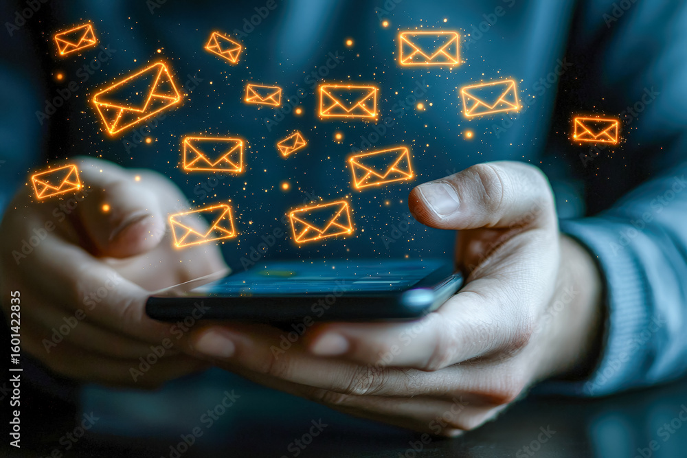 Poster digital communication and email messaging on a smartphone with floating email icons