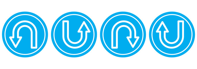 Road sign icon set with turn arrow symbol direction, navigation, guide, U-turn path, split way vector illustration for traffic transport map.