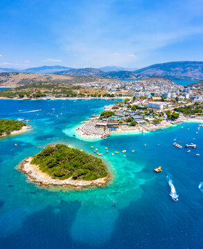 View of Bora Bora beach in Ksamil, Albanian Riviera. Ksamil islands are located near the Saranda, Albania.