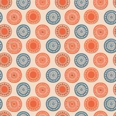 Seamless pattern of pastel circles with radial motifs, abstract

