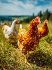 Group of free-range chickens grazing in a lush countryside pasture