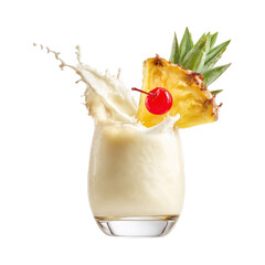 Creamy Piña Colada Splash Garnished with Pineapple and Cherry isolated On Transparent Png Background.