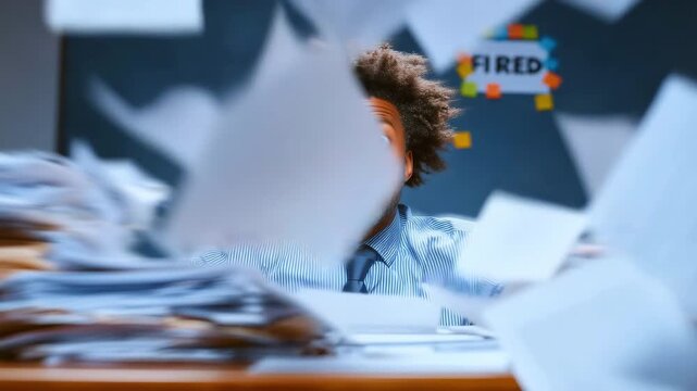 Overwhelmed black man in a chaotic boardroom, papers flying everywhere, capturing a satirical take on workplace stress and absurdity. Inspired by modern corporate struggles.