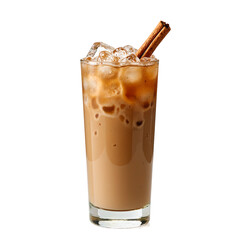 A refreshing iced chai latte garnished with aromatic spices served in a clear glass Perfect for a relaxing break