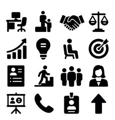 Business silhouette icons set. includes office, meeting, handshake, scale, graph, lightbulb, target, profile