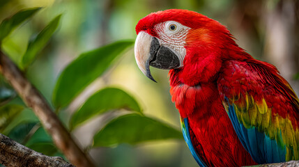 Obraz premium Colorful scarlet macaw perched amidst lush green foliage