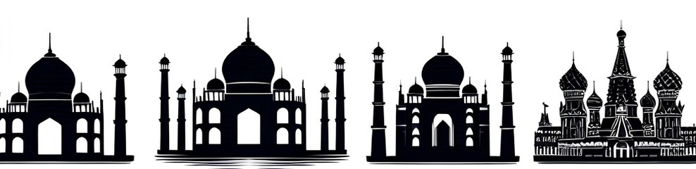 Fototapeta premium Global landmarks: classic monument silhouettes stand starkly, isolated against white