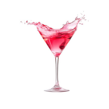 Refreshing pink Cosmopolitan cocktail splashing in a martini glass isolated On Transparent Png Background.
