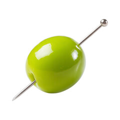 Bright Green Olive Pierced with a Metal Pin isolated On Transparent Png Background.