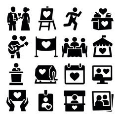 Event silhouette icon set. including party, art, sport, gift, music, dining, market, lecture, calendar, id and more.