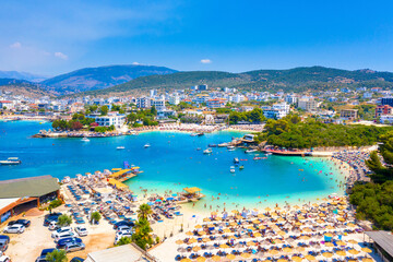 View of Bora Bora beach in Ksamil, Albanian Riviera. Ksamil islands are located near the Saranda, Albania.
