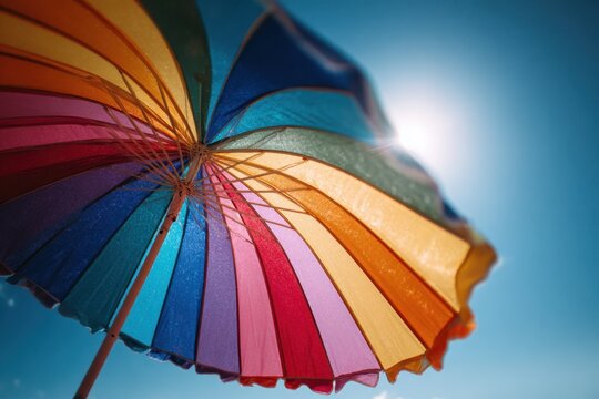 A colorful, striped beach umbrella with the sun shining through it, against a clear blue sky The photo is taken from below, looking up at an angle Generative AI