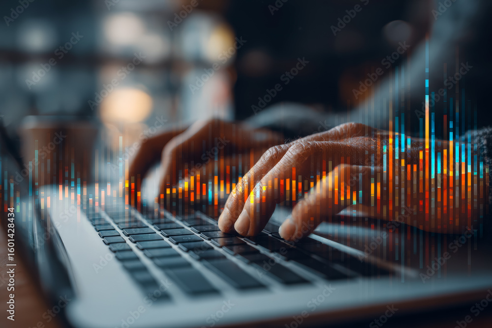 Aufkleber close-up of hands typing on a laptop with digital data overlay, symbolizing technology and data anal