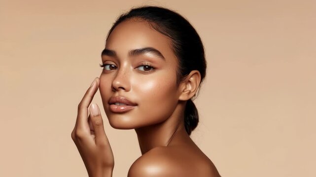 Close-up portrait of a woman with flawless skin, gazing into the camera. The angle is straight-on, perfect for beauty video content or skincare ads. Live desktop wallpaper.