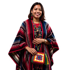 Beautiful Colombian woman in traditional ruana poncho and bag smiling warmly Embrace her culture with this charming image