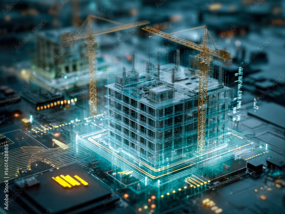 Poster digital representation of a smart building under construction with advanced architectural and techno