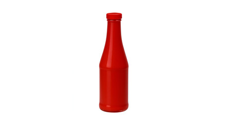 A full red glass bottle, possibly containing sauce or condiment, stands against a plain white background.