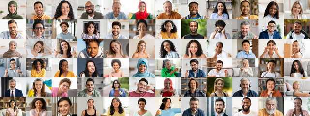 This lively collection features faces of diverse individuals, each expressing happiness and...