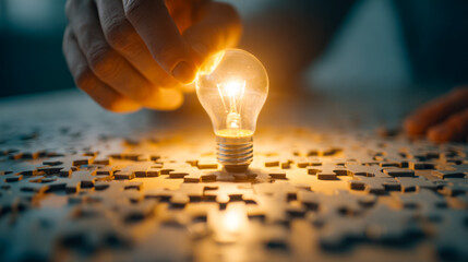 Creative concept of a glowing light bulb surrounded by puzzle pieces on a worktable