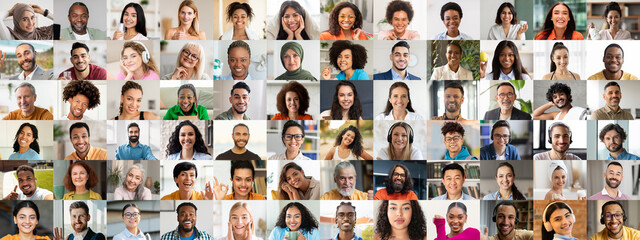 A vibrant collection of multiracial portraits displaying smiling faces of people from various...