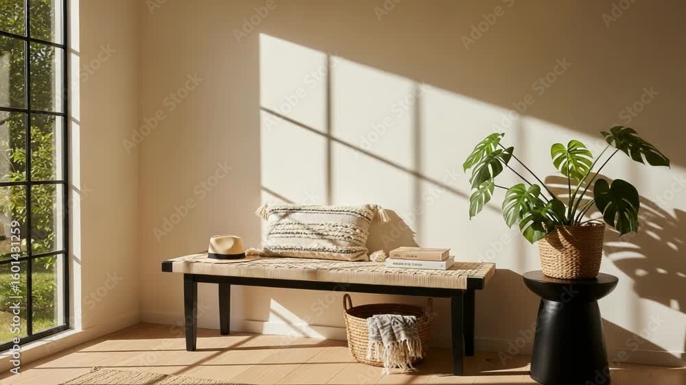 Poster sunlight streams through a large window, casting dramatic shadows across a cozy room with a bench an