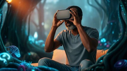 Man using vr headset virtual reality metaverse technology gaming simulation augmented reality experience - Powered by Adobe