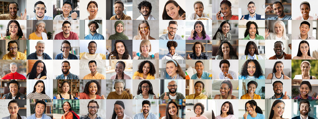 A lively collection of portraits showcasing diverse individuals smiling and expressing joy. Each...