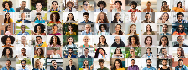 This vibrant collage features a diverse group of multiracial individuals, all smiling and...