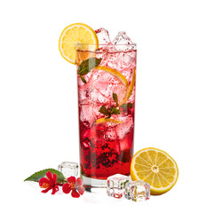 Refreshing hibiscus drink with lemon slices and ice cubes sparkling and vibrant on a clean white background