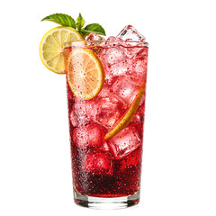 Refreshing hibiscus drink with lemon slices and ice cubes sparkling and vibrant on a clean white background