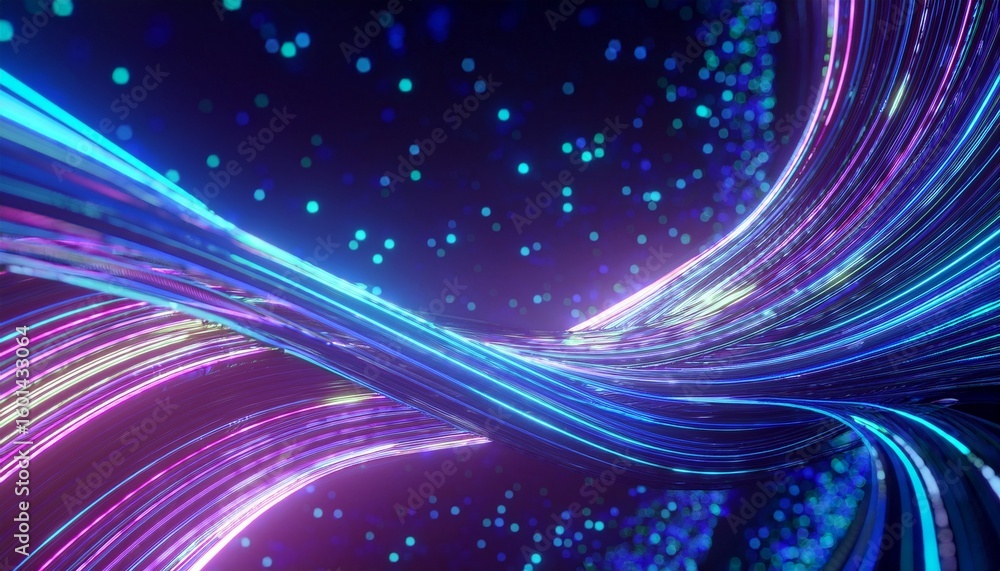 Aufkleber 3d render abstract background curvy neon ribbon with glowing lights telecommunication and internet t