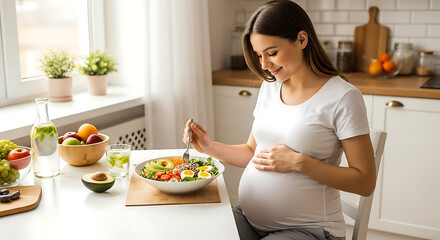 Pregnant Woman Enjoying a Healthy and Colorful Salad.