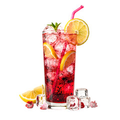 Refreshing hibiscus drink with lemon slices and ice cubes sparkling and vibrant on a clean white background