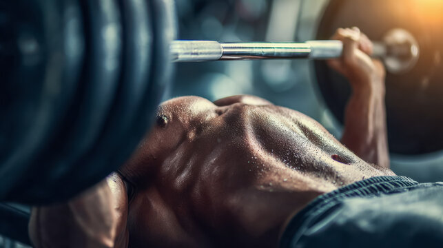 Man performing a bench press exercise in a gym with intense focus