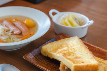 French Toast Breakfast with Sausage Soup and Fruit Yogurt /...