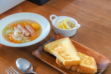 French Toast Breakfast with Sausage Soup and Fruit Yogurt /...