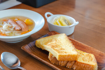 French Toast Breakfast with Sausage Soup and Fruit Yogurt /...