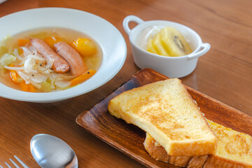 French Toast Breakfast with Sausage Soup and Fruit Yogurt /...