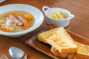 French Toast Breakfast with Sausage Soup and Fruit Yogurt /...