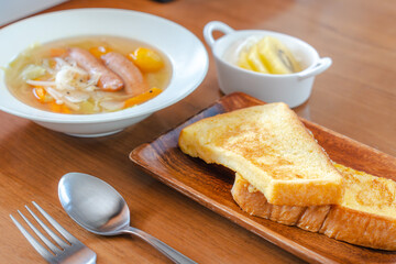 French Toast Breakfast with Sausage Soup and Fruit Yogurt /...