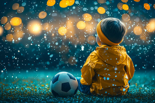 Young child sitting on a field with a soccer ball during a magical evening by the lights