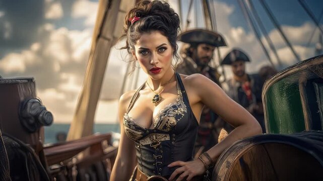 Beautiful woman on a pirate ship
