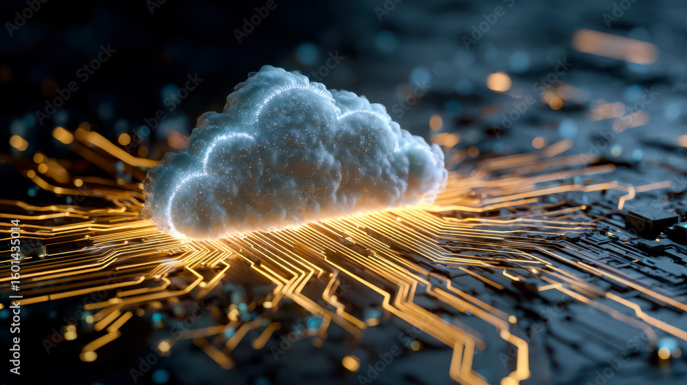 Poster digital cloud technology with glowing circuit connections on a futuristic microchip background