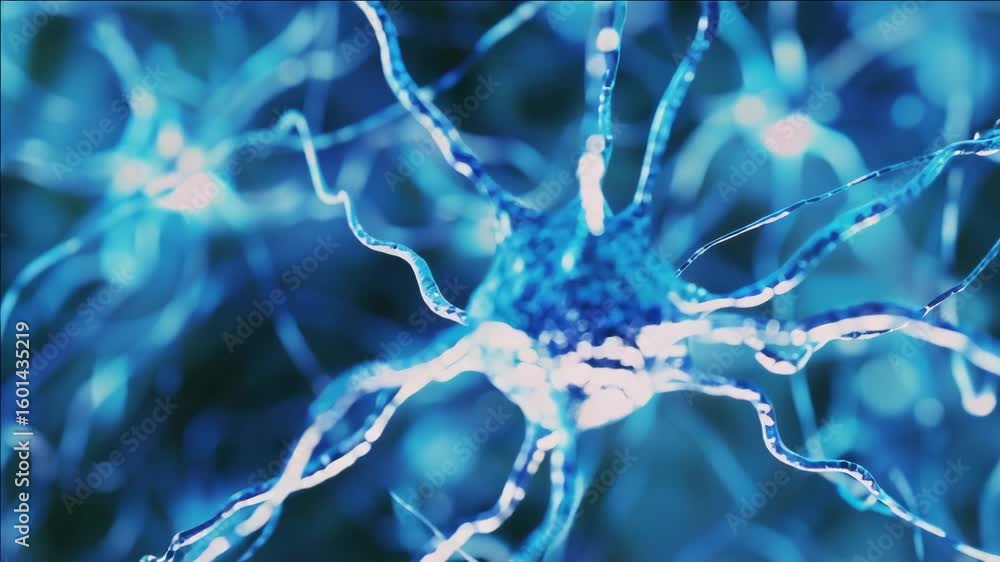 Poster microscopic of a neuron with a blue highlight, showcasing the nerve cell's complex network and struc